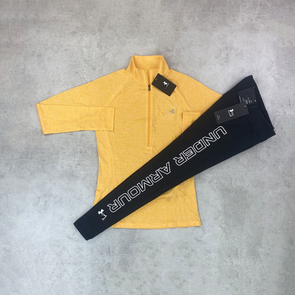 un arm half zip/ wordmark leggings set peach yellow/ black women's