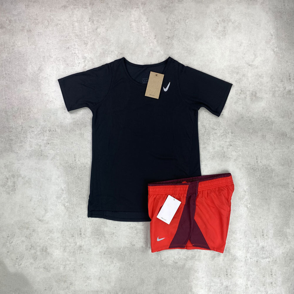 nke t-shirt/ shorts black/ crimson red set women's
