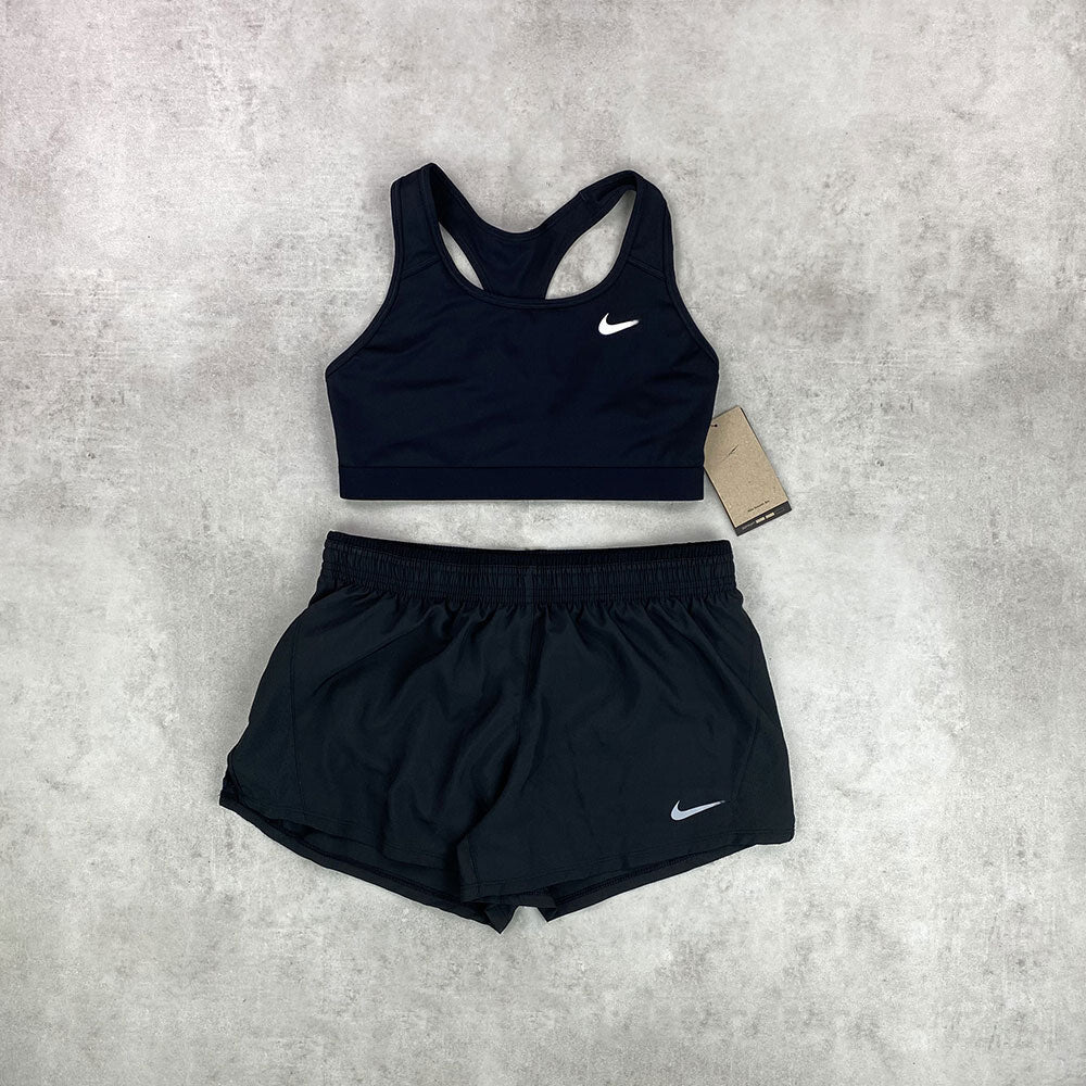 nke swoosh bra/ shorts set black women's
